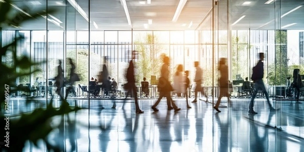 Fototapeta Businesspeople walking at modern office. Concept work process. Business workplace with people in walking in blurred motion in modern office space.