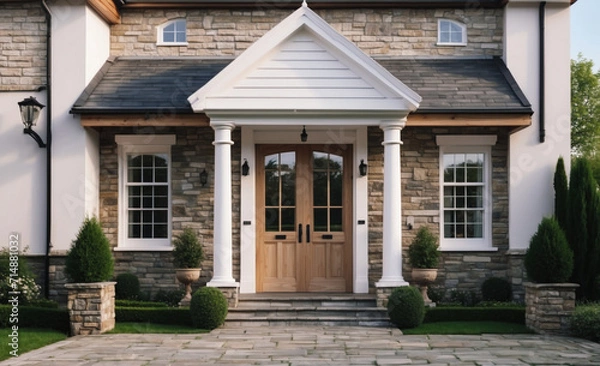 Fototapeta Main entrance door in house. Wooden front door with gabled porch and landing. Exterior of georgian style home cottage with white columns and stone cladding
