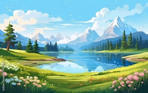 Obraz Mountain lake landscape vector illustration. Stunning panoramic cartoon