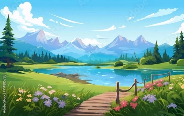 Obraz Mountain lake landscape vector illustration. Stunning panoramic cartoon