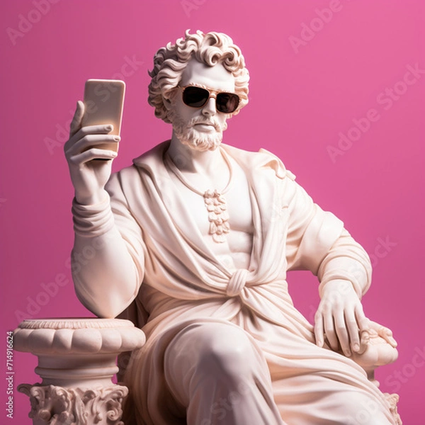 Obraz Statue with sunglasses using mobile phone on pink background.