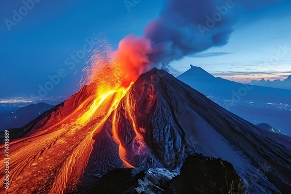 Fototapeta An image of a volcanic eruption with lava spewing out of the volcano. 