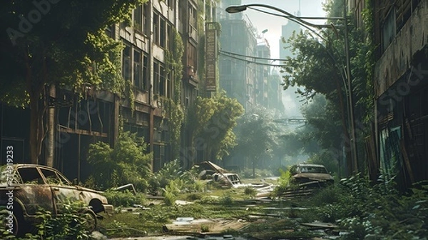 Obraz Post-apocalyptic city overgrown by plants with abandoned cars and house skyscraper ruins.