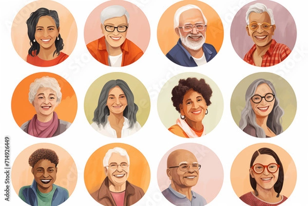 Obraz Elderly and Retired Buyer Personas People faces avatars vector collection - Set of various diverse character heads in round frames. Flat design illustrations with white background