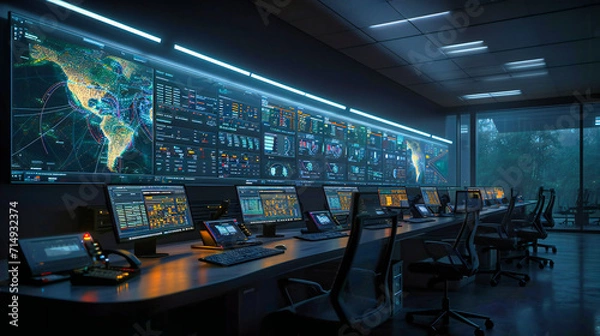 Fototapeta Futuristic office workspace: A modern command center with screens and holographic displays, depicting a high-tech work environment