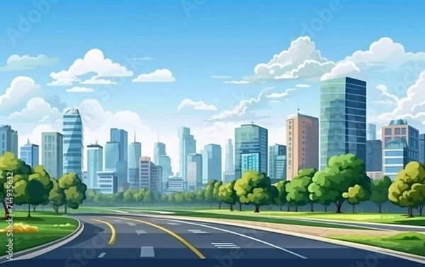Fototapeta Urban landscape with large modern buildings and suburbs vector illustration