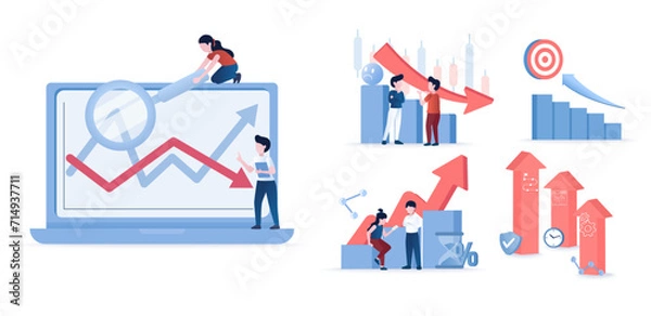 Obraz Business ideas collection set. Financial, stock market crash, arrow up, bankruptcy, falling down. Data analysis for investor, strategy management, tactical plan, growth. Flat vector illustration.