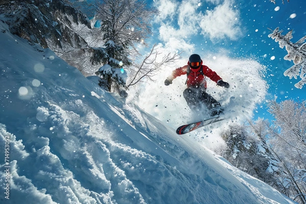 Fototapeta A snowboarder performs an aerial maneuver in a snow-covered environment. Snow-covered pine trees, a clear blue sky, and snowflakes add to the vibrant winter scene.
