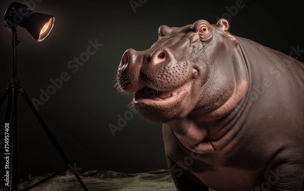 Fototapeta Hippo portrait in studio lighting. Generative Ai