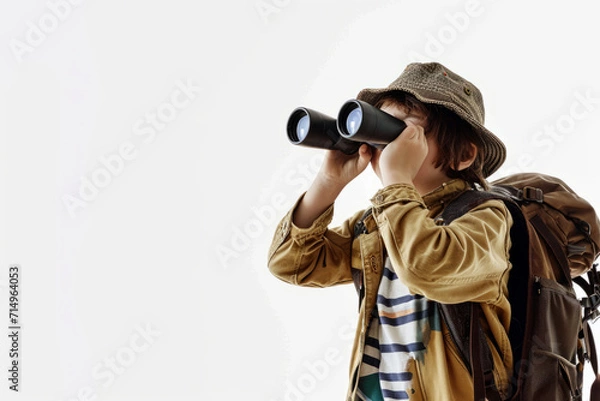 Obraz Boy With Backpack Using Binoculars to Observe Surroundings