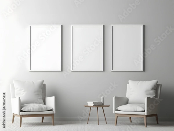 Fototapeta 3D living room with three chairs and three blank white frame mockups