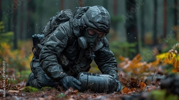 Fototapeta Focused EOD Specialist in Full Protective Gear Meticulously Inspecting a Suspected Bomb Device for Safe Disposal
