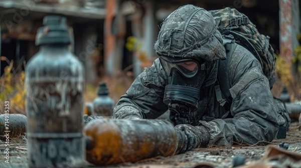 Fototapeta Focused EOD Specialist in Full Protective Gear Meticulously Inspecting a Suspected Bomb Device for Safe Disposal