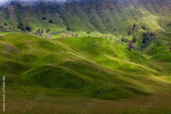Obraz Landscape of green hills in the mountains on a cloudy day. Location of Mount Bromo in Bromo Tengger Semeru National Park, East Java, Indonesia