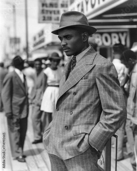 Obraz B&W portrait of a young African American man in Coney Island in the 1930's. Pensive and guarded expression and thoughtful emotion.