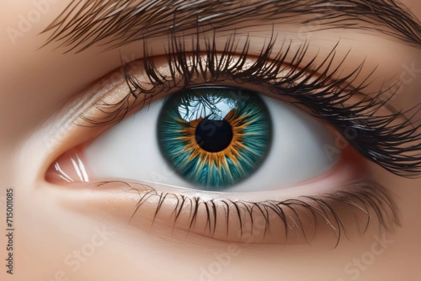 Fototapeta Beautiful Eye with Green Blue Iris Eyelashes Retina Exotic Feminin look in Closeup for Makeup Advertisement Beauty product with emotion Vision and Style  like Macro face with brilliant aesthetic