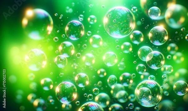 Fototapeta transparent soap bubbles floating against a vibrant green background