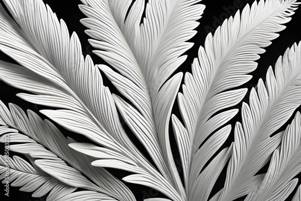 Fototapeta White Porcellain Flower Fern Leafs Decoration Background for Product Display or Wallpaper Texture Illustration crafted 3D Effect on Black Backdrop. Beautiful Feminin Lifestyle Card  Design Art