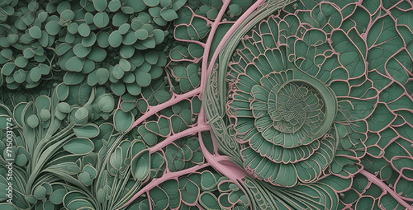 Fototapeta Exotic Alien Floral Plant Pattern Texture with Beautiful Spiral Salad Mushroom Shapes with Pink Veins on green Leafs like Shamrock Moss Environment and Nature growth eating Vegetables or Fantasy Art