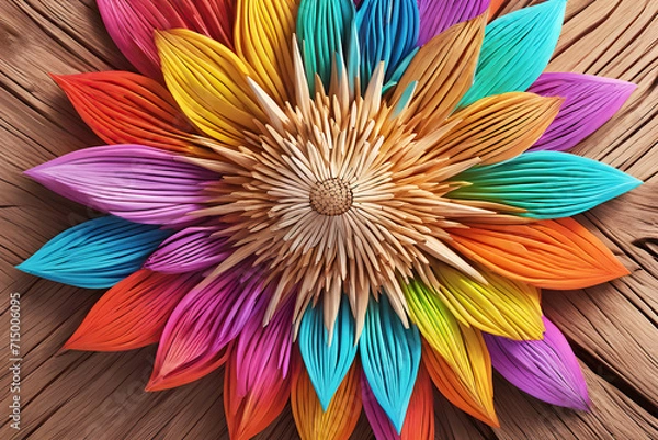 Fototapeta Crafted Hobby Flower Blossom in Rainbow Color colorful Background Design for Easter Party Celebration or Summer Spring Card wooden Design for Interior Decoration Friendly Happy Fun Feminin       