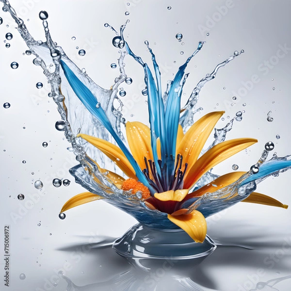 Fototapeta Flower Blossom Jewelry Splashes in Crystal clear Water with wet Drops flying dynamic cool warm color on neutral Background for Beauty Product Display Design