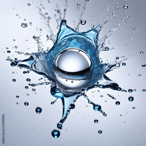 Fototapeta Dynamic Splash Water Drop Sphere with Reflection like Explosion for Product Display in clean Blue White Style with Studio Background, Centered cool smooth modern Beauty with round Bubbles Drips float