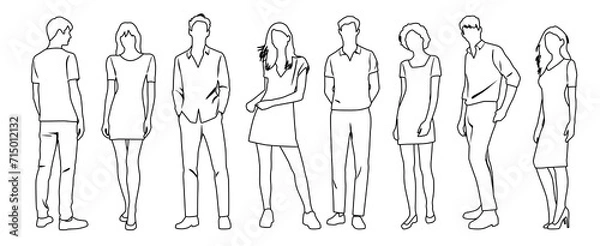 Fototapeta Vector silhouettes of  men and a women, a group of standing  business people,  linear sketch, black and white color isolated on white background