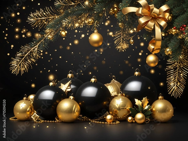Fototapeta Christmas holiday design. Realistic glitter balls, fir tree branches, golden beads with tinsel and a gift box. New Year black background. with greeting text illustration design.