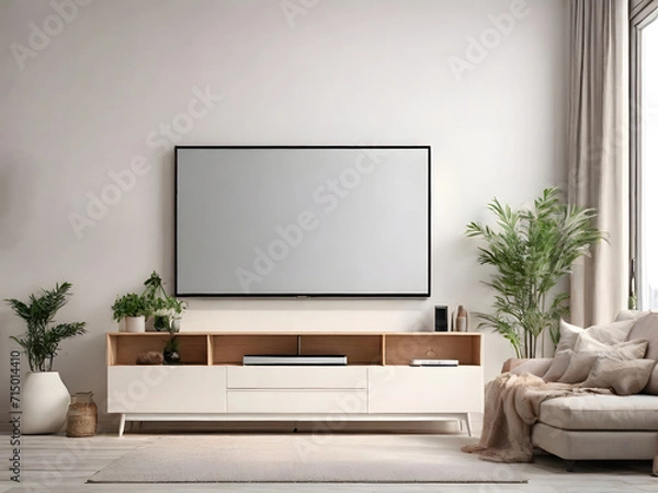 Fototapeta Mockup a TV wall mounted with decoration in living room and white wall