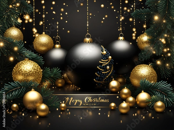 Fototapeta Christmas holiday design. Realistic glitter balls, fir tree branches, golden beads with tinsel and a gift box. New Year black background. with greeting text illustration design.
