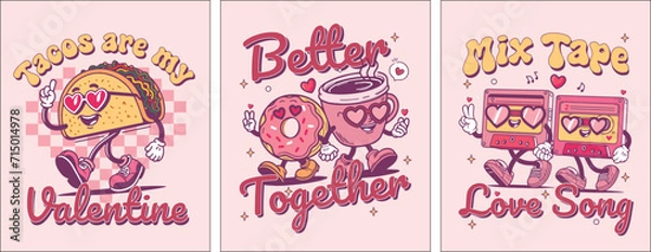 Fototapeta Funky Love Bites: Valentine's Day Poster Series with Whimsical Food Characters in a Groovy Retro Cartoon Style
