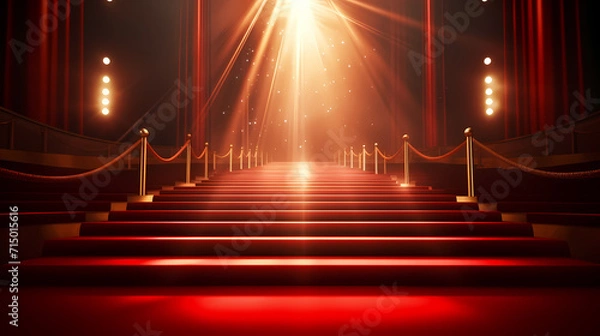 Fototapeta Red carpet on the stairs on dark background, the way to glory, victory and success