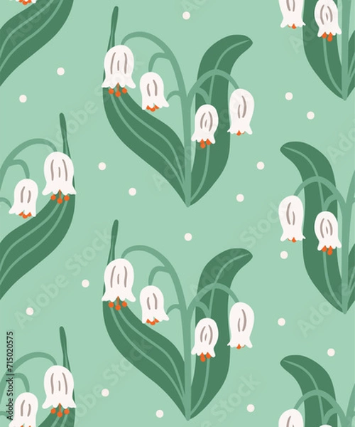Fototapeta Vector seamless spring pattern of stylized lilies of the valley on a turquoise background