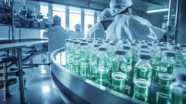 Fototapeta Medical vials on a modern production line. Factory manufacturing pharmaceutical and healthcare products. Technicians in protective clothes working in the laboratory.