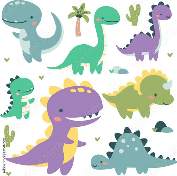 Fototapeta Set of flat vector illustrations in children's style. Cute kind dinosaurs, palm trees and cacti. . Vector illustration