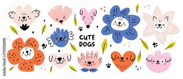 Fototapeta Cute dogs portrait in cartoon style. Dog and flowers childish illustration in flat style isolated white background