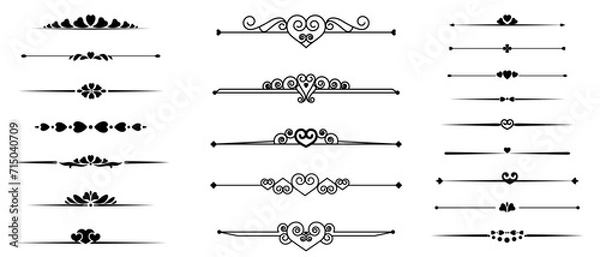 Fototapeta Set of decorative dividers with hearts. Text separators. Page decors in black. Design elements for holiday cards. Ornaments for Valentine's Day or wedding invitations. Vector illustration