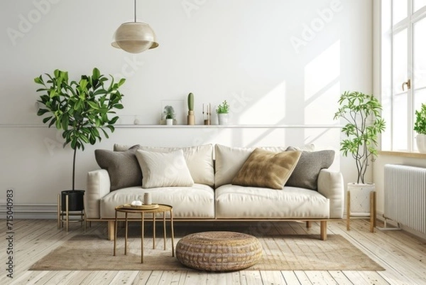 Obraz A mockup of a modern living room with cream white wall and a sofa with cushions. Minimalist decor