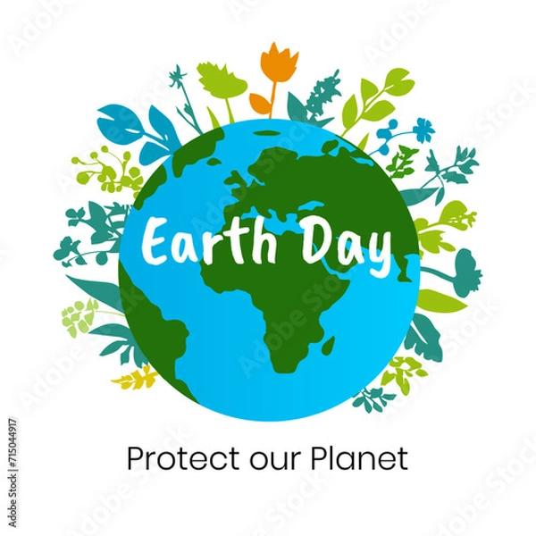 Fototapeta World Environment Day. Minimalist vector background in flat style, earth earth surrounded by flowers. Design for postcard, poster, banner, social media with Protect our Planet caption.
