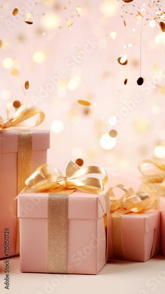 Fototapeta Peach, pink and gold holiday background with festive gift boxes and shiny bokeh. Valentines day, Woman's day or Christmas light pink background.