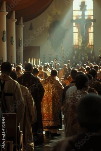 Fototapeta A large group of people standing inside a church. Suitable for religious events and gatherings