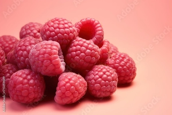 Fototapeta raspberries closeup  on a pastel peach background copy space right