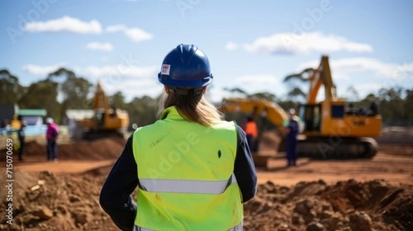 Obraz Rear view of woman foreman working on construction site with high vis jacket and hardhat, blurred diggers and workman in the background