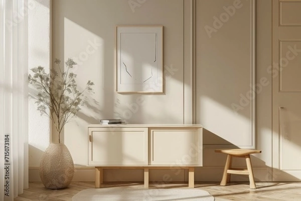 Fototapeta Stylish and modern boho interior of living room with mock up photo frames, flowers in vase, wooden desk, beige macrame and elegant accessories. Design home decor. Bohemian concept.