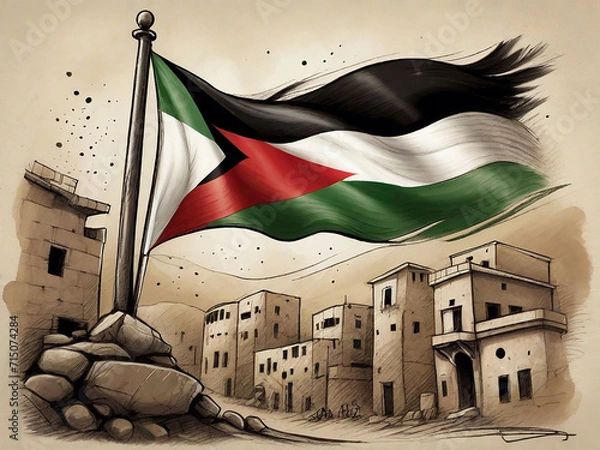 Obraz Palestine country  flag in the city of war