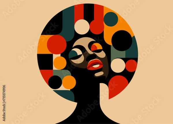 Fototapeta Minimalist Black History Month abstract portrait of a celebrates the beauty and strength of a black woman, graphic shapes, vibrant African colors, flat minimalist illustration