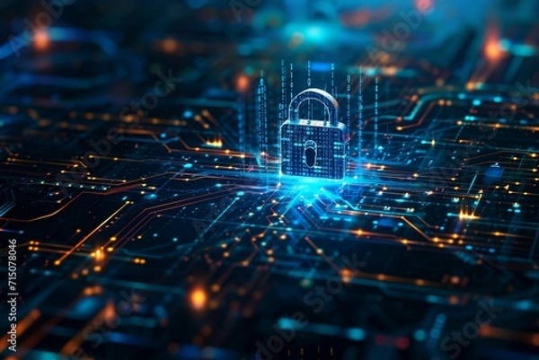 Obraz Digital padlock icon, cyber security network and data protection technology on virtual interface screen. Online internet authorized access against cyber attack.and business data privacy concept.