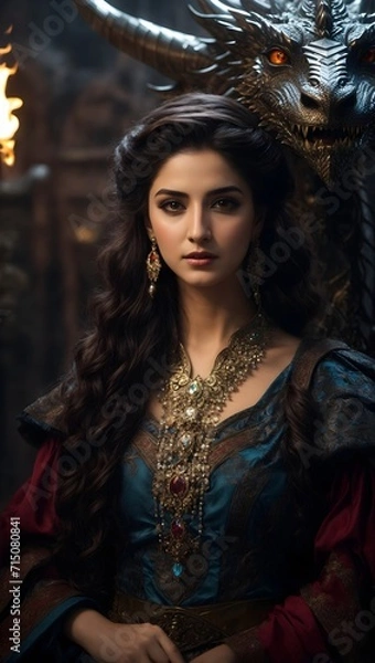 Obraz A girl with a little dragon, Queen in the fantasy world