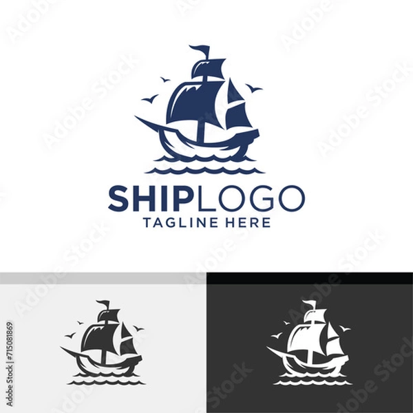 Fototapeta Sails Ship on the Sea with Birds flying around the Ship. Simple and Minimalist Logo Design. Vector illustration