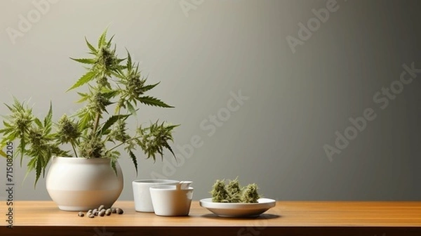Fototapeta Cannabis Plant With Some Nugs On A Wooden Table With Copy Space On A White Background. Cannabis For Therapeutic And Medicinal Consumption. 420